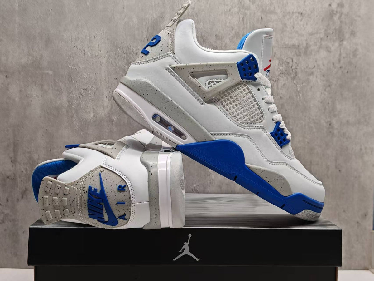 White & Blue Sneakers with Speckled Grey Accents
